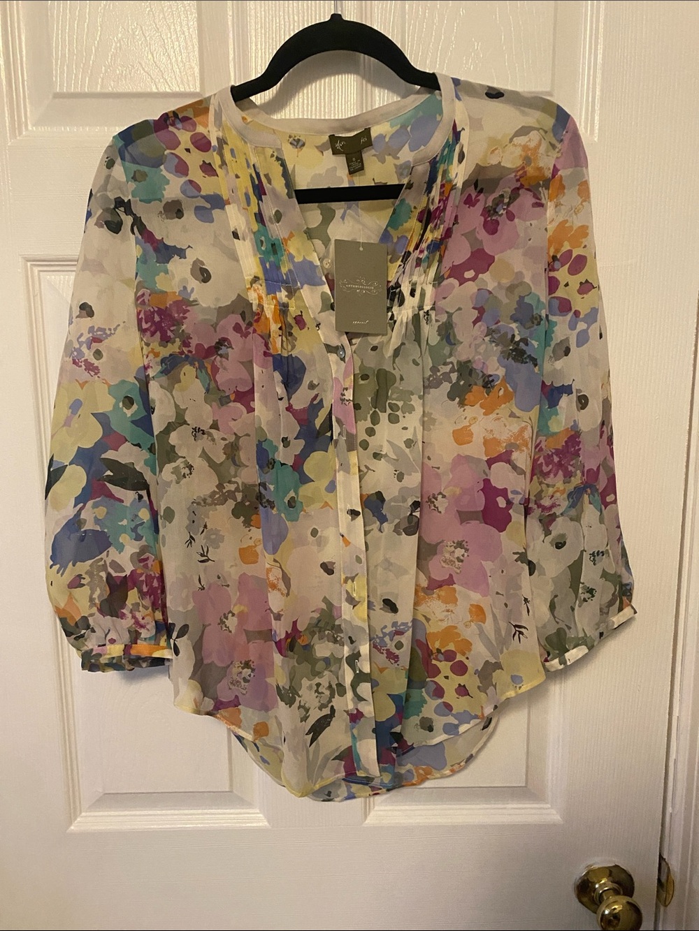 Anthropologie Sheer Floral Blouse in White with Multicolor Print